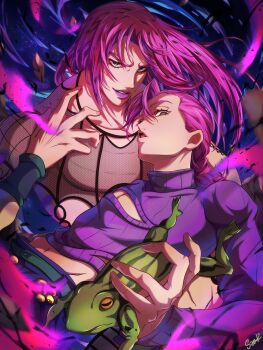 Rule 34 | 2boys, absurdres, animal, asymmetrical bangs, belt, brown eyes, cleavage cutout, clothing cutout, commentary request, diavolo, fishnet top, fishnets, green belt, green eyes, highres, holding, holding animal, holding frog, jojo no kimyou na bouken, long bangs, long hair, long sleeves, looking at viewer, male focus, medium hair, midriff, multiple boys, pants, parted lips, pink hair, pink lips, purple pants, purple sweater, spotted hair, sweater, vento aureo, vinegar doppio, watawata nr (siroraku), wristband