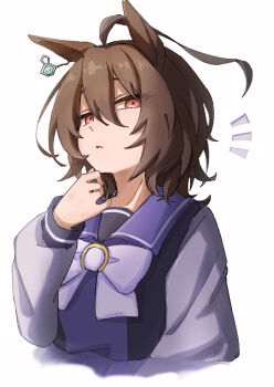 Rule 34 | 1girl, 3znk, agnes tachyon (umamusume), ahoge, bow, bowtie, brown hair, chemical structure, commentary request, ear ornament, earrings, hair between eyes, hand on own chin, hand up, highres, huge ahoge, jewelry, notice lines, parted lips, purple sailor collar, purple shirt, red eyes, sailor collar, school uniform, shirt, short hair, simple background, single earring, solo, tracen school uniform, umamusume, white background, white bow, white bowtie