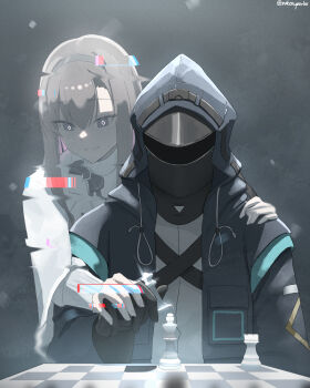 1boy 1girl absurdres arknights black_hairband bright_pupils coat doctor_(arknights) flashback ghost glitch hairband highres jacket long_hair natasyaorlov original priestess_(arknights) shirt smile turtleneck upper_body white_pupils white_shirt