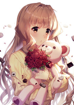 1girl blonde_hair blush brown_eyes comic flower game marimo muv-luv parted_lips red_flower red_rose rose rosuuri shaded_face shadow sidelocks simple_background stuffed_animal stuffed_toy teddy_bear valentine
