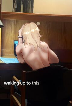 1girl absurdres blonde_hair chair commentary computer from_behind genshin_impact hair_down hand_up highres jean_(genshin_impact) kaizel_(kaizeln) laptop photo_background sitting solo topless_female watch wristwatch