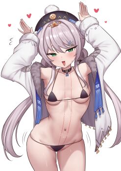1girl absurdres bikini black_bikini black_hat blush body_markings breasts bu_li chest_tattoo commentary freckles fur-trimmed_jacket fur_trim green_eyes grey_hair hair_ornament hairclip hat heart highres jacket long_hair looking_at_viewer medium_breasts micro_bikini navel nivora_(wuthering_waves) open_clothes open_jacket open_mouth parallel_hairclips rabbit_pose sidelocks solo stomach_tattoo swimsuit tattoo tattoo_on_neck twintails white_jacket wuthering_waves