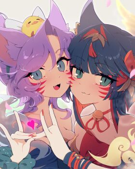 Rule 34 | 2girls, :3, after hours spirit blossom springs ahri, ahri (league of legends), animal ears, aqua eyes, aqua scrunchie, bell, black hair, blue eyes, blush, breasts, closed mouth, collarbone, commentary request, dual persona, duck hair ornament, facial mark, fang, fox ears, fox girl, fox shadow puppet, fox shadow puppet kiss, fuiyu (feuille0818), heart, highres, league of legends, looking at viewer, medium breasts, medium hair, multicolored hair, multiple girls, neck bell, official alternate costume, official alternate hair color, official alternate hairstyle, open mouth, portrait, purple hair, red streaks, scrunchie, slit pupils, smile, spirit blossom springs ahri, streaked hair, whisker markings, white background, wrist scrunchie
