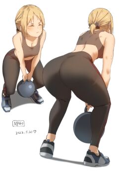 1girl absurdres ass blonde_hair breasts cleavage closed_eyes commission exercising girls'_frontline highres leggings md5_mismatch midriff mp40_(girls'_frontline) pixiv_commission ponytail resolution_mismatch shoes short_hair short_ponytail simple_background solo source_smaller sports_bra sportswear squatting sweat triangle_bullet weightlifting white_background