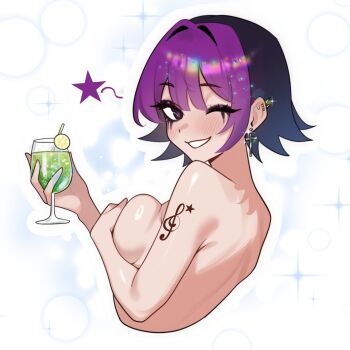 1girl adramallih arm_tattoo armpit_crease back black_eyes blush breasts cocktail cocktail_glass commentary covering_breasts covering_privates cropped_torso cross cross_earrings cup drink drinking_glass drinking_straw ear_piercing earrings english_commentary eve_(adramallih) hand_up holding holding_cup jewelry large_breasts looking_at_viewer nude one_eye_closed original piercing purple_hair short_hair sideboob smile solo star_(symbol) tattoo treble_clef white_background white_mouth