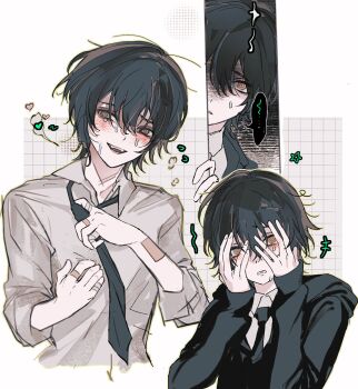 bandaged_arm bandaged_fingers bandages black_hair black_hoodie black_necktie blush clenched_teeth collared_shirt covering_own_eyes crying crying_with_eyes_open degrees_of_lewdity empty_eyes fang flying_sweatdrops freesia_quan green_eyes hair_between_eyes hand_on_own_chest head_tilt heart highres hood hoodie kylar_(degrees_of_lewdity) kylar_(male)_(degrees_of_lewdity) long_sleeves loose_necktie multicolored_eyes multiple_views necktie open_collar open_mouth raised_inner_eyebrows red_eyes red_pupils ringed_eyes shirt sleeves_past_wrists smile spoken_heart sweatdrop tears teeth two-tone_eyes upper_body white_background white_shirt wing_collar