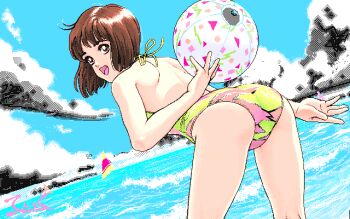 1990s_(style) 1girl :d archived_source arm_at_side arm_behind_back artist_name ass ball bare_back beach beachball bent_over blue_sky brown_eyes brown_hair cloud cowboy_shot dithering from_behind green_one-piece_swimsuit looking_at_viewer looking_back medium_hair ocean one-piece_swimsuit open_mouth original pc-98_(style) pink_one-piece_swimsuit pixel_art retro_artstyle shoulder_blades signature sky smile solo standing swimsuit teiku_(take) thighs two-tone_swimsuit waves