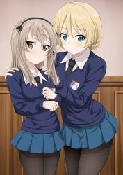 Rule 34 | 2girls, absurdres, assam (girls und panzer), black necktie, black pantyhose, black ribbon, blonde hair, blue eyes, blue skirt, blue sweater, braid, brown eyes, closed mouth, commentary request, darjeeling (girls und panzer), dress shirt, emblem, girls und panzer, hair ribbon, hands on another&#039;s shoulders, highres, indoors, inoshira, light brown hair, long hair, long sleeves, looking at viewer, miniskirt, multiple girls, necktie, one side up, pantyhose, partial commentary, pleated skirt, ribbon, school uniform, shimada arisu, shirt, short hair, side-by-side, skirt, smile, spoilers, st. gloriana&#039;s (emblem), st. gloriana&#039;s school uniform, standing, sweater, twin braids, v-neck, white shirt, wing collar