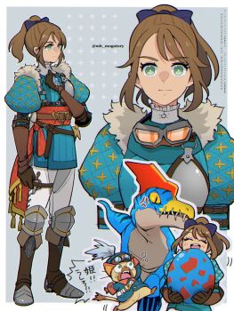 Rule 34 | brown hair, commentary request, egg, goggles, green eyes, highres, monster hunter (series), monster hunter stories 3: twisted reflection, princess (monster hunter stories 3: twisted reflection), rudy (monster hunter stories 3: twisted reflection), velociprey