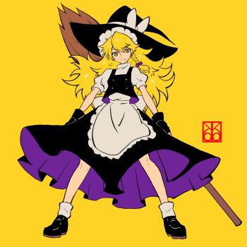 1girl apron artist_logo black_gloves black_hat black_shoes black_skirt black_vest blonde_hair bow braid braided_sidelock broom closed_mouth commentary fingerless_gloves floating_clothes gloves gold_buttons hair_bow hat hat_bow hat_ribbon highres holding holding_behind_back holding_broom kirisame_marisa logo long_hair looking_at_viewer nene_(kuroear99) pleated_skirt puffy_short_sleeves puffy_sleeves purple_bow purple_skirt ribbon shirt shoes short_sleeves simple_background single_braid skirt smile socks solo split_mouth swept_bangs touhou two-sided_fabric two-sided_skirt v-shaped_eyebrows vest white_apron white_bow white_ribbon white_shirt white_socks witch_hat yellow_background yellow_eyes