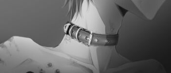 Rule 34 | 1boy, adam's apple, belt collar, bruise, bruise on neck, bruise on shoulder, cigarette burn, close-up, collar, collarbone, greyscale, injury, male focus, monochrome, neck focus, original, reverse ryona, short hair, skinny, solo, sora yuu