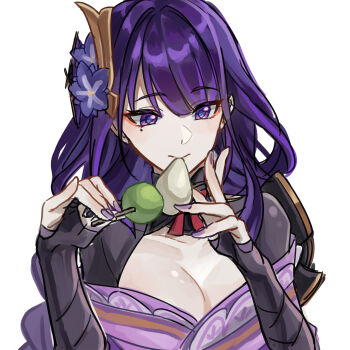 1girl absurdres armor blue_pupils blunt_bangs breasts bridal_gauntlets cleavage collarbone commentary dango eating flower_ornament food genshin_impact hair_ornament head_tilt highres holding holding_food japanese_clothes long_hair looking_to_the_side mole mole_under_eye multicolored_eyes neck_ribbon off_shoulder purple_eyes purple_hair raiden_shogun ranta_rion red_ribbon ribbon shade shoulder_armor simple_background solo upper_body wagashi white_background