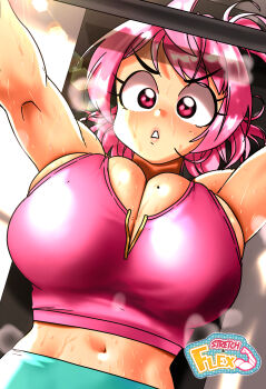 1girl absurdres blush breasts cleavage exercising eyelashes focused from_above frown highres huge_breasts large_breasts light_rays lips lying midriff navel on_back original outstretched_arms pink_eyes pink_hair sasa_tseng sideboob sports_bra staring sweat weightlifting weights wet workout_clothes