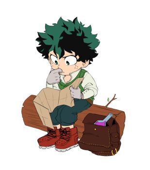 1boy boku_no_hero_academia_2nd_popularity_poll backpack bag blue_pants boku_no_hero_academia commentary english_commentary flask full_body green_eyes green_hair green_vest grey_hair highres holding holding_map log male_focus map mica_(c_killjoy) midoriya_izuku pants red_shoes shoes sitting solo thinking vest