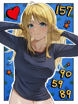 1girl absurdres ahoge arms_up black_shirt blonde_hair blue_background blue_eyes blush border breasts collarbone commentary daiko_(dai1974910) food food-themed_background hachimiya_meguru hair_flaps hands_in_own_hair heart height highres idolmaster idolmaster_shiny_colors large_breasts long_hair long_sleeves looking_at_viewer macaron navel outline polka_dot polka_dot_background shirt smile solo star_(symbol) stomach straight_hair three_sizes upper_body white_border white_outline