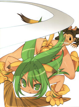 1girl animal_ears animal_hands animal_print blade_(galaxist) boomerang cat_ears cat_tail cham_cham gloves green_eyes green_hair highres long_hair looking_at_viewer monkey paku_paku paw_gloves paw_shoes queen's_blade queen's_gate samurai_spirits shoes simple_background snk tail tiger_print weapon white_background