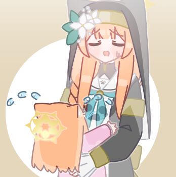 2girls absurdres animal_ear_fluff animal_ears black_dress blue_archive blush brown_background cat_ears chibi closed_eyes crying dress dual_persona fake_animal_ears flower halo highres horuhara long_hair long_sleeves mari_(blue_archive) mini_person minigirl multiple_girls nun open_mouth orange_hair pajamas pink_dress pink_pajamas puffy_long_sleeves puffy_sleeves sleeves_past_wrists small_sweatdrop snot snot_trail sweat tears two-tone_background veil white_background white_flower