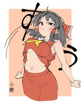 1girl :/ anger_vein ascot black_hair blush border bow breasts brown_eyes closed_mouth commentary_request hair_bow hair_tubes hakurei_reimu highres medium_breasts medium_hair midriff navel orange_background red_bow red_shirt red_skirt remote_controller_4 shirt sidelocks skirt solo touhou translation_request underboob v-shaped_eyebrows white_border yellow_ascot