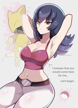 Rule 34 | 1girl, abra, armpits, arms behind head, belt, black belt, black hair, blunt bangs, blush, breasts, crop top, expressionless, gen 1 pokemon, highres, large breasts, long hair, looking at viewer, midriff, navel, nintendo, pants, pokemon, pokemon (creature), pokemon hgss, purple hair, red eyes, sabrina (pokemon), simple background, touyarokii, white pants