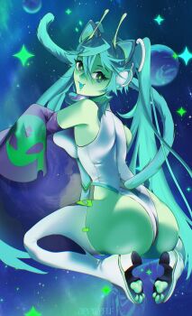 Rule 34 | 1girl, absurdres, alien, animal ears, antennae, apollyflfart, aqua hair, ass, breasts, cat ears, colored skin, cyber fashion, detached sleeves, earth (planet), giant, giantess, glorpi miku (dyarikku), green skin, hatsune miku, highleg, highleg leotard, highres, leotard, long hair, looking at viewer, necktie, open mouth, planet, sleeves past fingers, sleeves past wrists, solo, space, sparkle, tail, thighhighs, twintails, very long hair, vocaloid, white leotard
