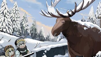 3girls absurdres bird black_hair black_overalls black_scarf blonde_hair bow bowtie carrot commentary diva_(hyxpk) donut_stamp duck english_commentary eyelashes grey_hair hat highres holding holding_carrot moose multiple_girls open_mouth overalls penguin_fan_(diva) penguin_hat penguin_keeper_(diva) red_bow red_bowtie scarf shirt short_hair snow survey_girl_(diva) tree white_shirt zoo zookeeper zookeepers_(diva)