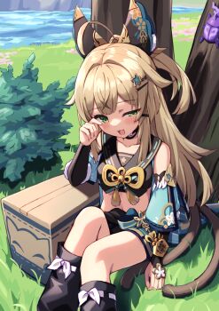 1girl :3 ;d ahoge animal_ear_fluff animal_ears bare_shoulders black_shirt black_socks blonde_hair blue_shorts blue_sleeves blush cat_ears cat_girl cat_tail collarbone commentary_request cropped_shirt day detached_sleeves feet_out_of_frame genshin_impact green_eyes hand_up highres hiyaya_(kochi_michikaze) kirara_(genshin_impact) long_hair long_sleeves looking_at_viewer midriff navel nekomata one_eye_closed open_mouth outdoors ribbon-trimmed_socks ribbon_trim shirt shorts sitting sleeveless sleeveless_shirt smile socks solo tail tree
