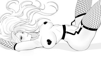 1girl alien_stage breasts caramel_fucks commentary covering_nipples covering_privates english_commentary fishnet_gloves fishnet_thighhighs fishnets garter_belt gloves greyscale highres large_breasts long_hair lying mizi_(alien_stage) monochrome nude smile solo thighhighs