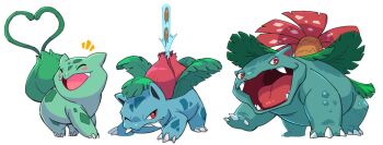 blush_stickers bulbasaur claws closed_eyes commentary english_commentary evolutionary_line fangs flower full_body gen_1_pokemon heart ivysaur leaf looking_to_the_side lukapiles nintendo open_mouth plant pokemon pokemon_(creature) pokemon_focus red_eyes red_flower seed sideways_glance simple_background standing tongue venusaur vines white_background