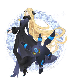 1girl alternate_color black_fur blonde_hair blush breasts cleavage coat colored_sclera cynthia_(pokemon) fur_collar fur_trim gen_2_pokemon grey_eyes hair_ornament hair_over_one_eye highres long_hair long_sleeves looking_at_viewer navel nintendo open_mouth pokemon pokemon_(creature) pokemon_dppt sakaralalala shiny_pokemon smile solo tail umbreon very_long_hair