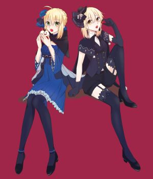 2girls ahoge alternate_costume apple artoria_pendragon_(fate) black_cape black_capelet black_pantyhose black_shoes black_thighhighs blaulilie110 blonde_hair blue_dress braid breasts cape capelet cherry commentary_request dress fang fate/grand_order fate_(series) flower food fruit garter_straps green_eyes hair_flower hair_ornament hat highres holding holding_food invisible_chair mini_hat multiple_girls pantyhose red_background saber_(fate) saber_alter shoes short_shorts shorts sitting small_breasts thighhighs tilted_headwear yellow_eyes