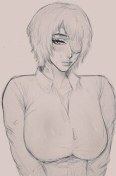 1girl blouse breasts chainsaw_man collarbone eyepatch female_focus highres himeno_(chainsaw_man) large_breasts lips mochakumo shirt short_hair sketch upper_body