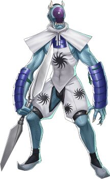 1boy armor artist_request blue_skin claws colored_skin covered_navel demon_(megami_tensei) fuu-ki_(megami_tensei) highres holding holding_weapon horns japanese_armor official_art one-eyed oni persona persona_5 persona_5:_the_phantom_x sharp_teeth shin_megami_tensei solo standing teeth third-party_source transparent_background weapon white_horns