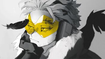 1boy boku_no_hero_academia closed_mouth commentary_request feathers grey_background greyscale_with_colored_background hand_rest hawks_(boku_no_hero_academia) headphones highres horocca male_focus short_hair signature simple_background solo sparse_stubble spot_color upper_body