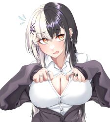 Rule 34 | 1girl, absurdres, alternate costume, black cardigan, black hair, blush, breasts, cardigan, cleavage, collared shirt, earrings, highres, hololive, hololive english, jewelry, large breasts, long hair, looking at viewer, mmneko, multicolored hair, open mouth, partially unbuttoned, ring, shiori novella, shirt, solo, split-color hair, transparent background, virtual youtuber, white hair, white shirt, yellow eyes