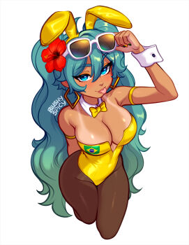 1girl :p alternate_breast_size_(larger) arm_behind_back arm_up artist_name blue_eyes blue_hair blush blushyspicy bow bowtie brazilian_flag brazilian_flag_print brazilian_miku breasts brown_pantyhose commentary cropped_legs dark-skinned_female dark_skin detached_collar earrings english_commentary flag_print gradient_hair green_hair hatsune_miku highleg highleg_leotard jewelry large_breasts leotard long_hair multicolored_hair pantyhose playboy_bunny simple_background solo strapless strapless_leotard tan tanline tongue tongue_out twintails very_long_hair vocaloid white_background wrist_cuffs yellow_bow yellow_bowtie yellow_leotard