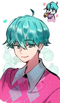 1boy ahoge baby_(kpop_demon_hunters) blue_eyes blue_hair chibi chibi_inset closed_mouth commentary doodle_inset english_commentary hair_between_eyes heart highres kpop_demon_hunters looking_at_viewer male_focus multiple_views pink_sweater ryuuxin short_hair smile solo_focus sweater upper_body white_background