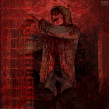 2boys :d axe bags_under_eyes black_eyes black_hair blood blood_on_clothes blood_splatter ch1ckenpretz crazy_grin cry_of_fear dual_persona english_text grey_hoodie gun highres holding holding_axe holding_gun holding_weapon hood hood_up hoodie imminent_attack looking_at_viewer male_focus multiple_boys open_mouth pov pov_hands red_theme short_hair simon_henriksson simon_henriksson_(book) smile weapon