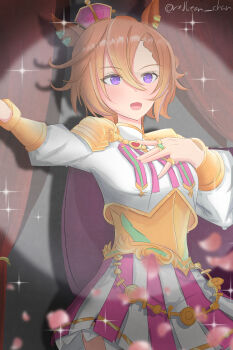 1girl animal_ears armor blush breasts cape cowboy_shot crown curtains ear_ornament ear_piercing gold_corset hair_between_eyes hand_on_own_chest highres horse_ears horse_girl jewelry long_sleeves mini_crown multiple_rings open_mouth orange_hair outstretched_arm piercing pink_crown pink_skirt purple_cape purple_eyes redbean_chan ring shirt short_hair shoulder_armor skirt solo spotlight stage stage_lights t.m._opera_o_(o_sole_suo!)_(umamusume) t.m._opera_o_(umamusume) two-tone_skirt umamusume white_shirt white_skirt