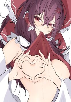1girl absurdres anger_vein areola_slip bare_shoulders blush bow breasts brown_hair clothes_lift commentary_request detached_sleeves embarrassed four-finger_heart_hands hair_between_eyes hair_tubes hakurei_reimu heart heart_hands highres long_hair looking_at_viewer medium_breasts red_bow red_eyes shirt shirt_lift sleeveless sleeveless_shirt solo sweat sweatdrop touhou unanooo_(fthx7532) upper_body white_background