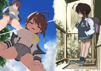 1girl ahoge backpack bag bandaid bandaid_on_leg breasts brown_hair ebisujima_misato flute highres holding holding_flute holding_instrument instrument jacket large_breasts loli looking_at_viewer oppai_loli original randoseru sharp_teeth short_hair short_shorts shorts smile solo solo_focus takahashi_chiaki_(ebisujima_misato) teeth tomboy yellow_eyes