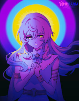 Rule 34 | 1girl, aquila (honkai: star rail), armlet, artist name, blurry, bow, bowtie, bracelet, breasts, capelet, commentary, dress, hair down, hair intakes, highres, honkai: star rail, honkai (series), hyacine (honkai: star rail), interlocked fingers, jewelry, lips, long hair, looking down, medium breasts, multicolored hair, own hands clasped, own hands together, purple theme, solo, umbra (edits umbra), watermark