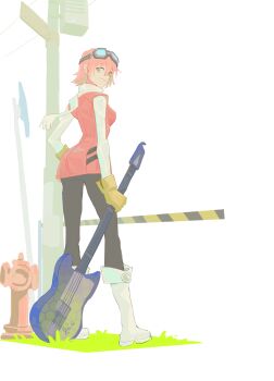 Rule 34 | 1girl, absurdres, bass guitar, black pants, boots, breasts, brown gloves, closed mouth, facing away, fire hydrant, flcl, from behind, full body, gloves, goggles, goggles on head, guitar, hair between eyes, hand on own hip, haruhara haruko, highres, holding, holding bass guitar, holding guitar, holding instrument, instrument, looking at viewer, medium breasts, pants, pink hair, red shirt, scarf, shirt, short hair, smile, solo, white background, white boots, white scarf, yellow eyes, yiguan li