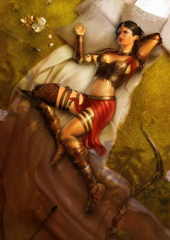 1girl 3d armor arrow_(projectile) barefoot barefoot_sandals_(jewelry) black_hair blanket bow bow_(weapon) breasts farah_(prince_of_persia) female_focus grass highres lying midriff official_art on_back pillow prince_of_persia prince_of_persia:_the_two_thrones solo weapon