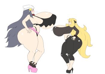 2girls absurdres ass blonde_hair blue_hair blush breasts covered_erect_nipples curvy cynthia_(pokemon) dawn_(pokemon) female_focus flat_color full_body gigantic_breasts hand_on_own_hip hat height_difference high_heels highres huge_ass long_hair looking_at_another marco_cordoba multiple_girls nintendo pokemon pokemon_dppt size_difference tall_female thick_thighs thighs thong torn_clothes very_long_hair