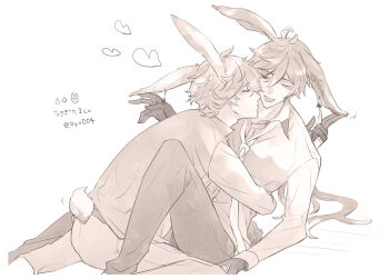 Rule 34 | 004s 4, 2boys, couple, genshin impact, greyscale, heart, hug, image sample, japanese text, kiss, monochrome, multiple boys, pixiv, pixiv sample, rabbit ears, rabbit tail, tartaglia (genshin impact), white background, yaoi, zhongli (genshin impact)