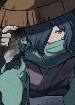 1boy adjusting_clothes adjusting_headwear black_gloves black_hair brown_eyes fingerless_gloves gloves hair_over_one_eye japanese_clothes kimono looking_at_viewer orochi_(youkai_watch) purple_kimono sandogasa solo unnchi_haha upper_body youkai_(youkai_watch) youkai_watch