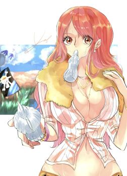 1girl bangle bead_bracelet beads blue_sky bottle bracelet breasts cleavage cloud cloudy_sky commentary_request earrings eyelashes hair_behind_ear highres holding jewelry jolly_roger kamat_73 large_breasts long_hair looking_at_viewer midriff mouth_hold nami_(one_piece) narrow_waist navel necklace one_piece orange_hair pearl_earrings ribbed_shirt shirt signature sky solo straw_hats_jolly_roger sweat towel towel_around_neck upper_body wavy_hair wet white_shirt