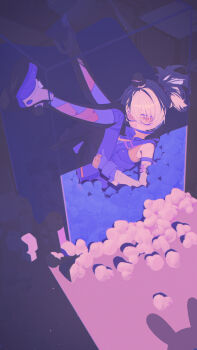 1girl absurdres bangboo_(zenless_zone_zero) bare_shoulders black_gloves black_pants black_shoes commentary_request covered_mouth detached_sleeves duck_on_head full_body gloves goggles hair_between_eyes hands_on_own_thighs hands_under_legs highres holding_own_leg hy_jinx in_container indoors legs_up looking_at_viewer lying on_back orange-tinted_eyewear orange_eyes pants ponytail rubber_duck shadow shoes sleeveless sleeveless_jacket soldier_11_(zenless_zone_zero) solo tinted_eyewear white_hair white_sleeves zenless_zone_zero