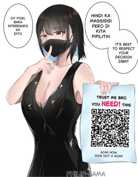 1girl artist_name black_dress breasts brown_eyes cleavage dress english_text finger_to_mouth highres holding holding_paper mask mouth_mask multicolored_hair original paper philip-sama qr_code simple_background sleeveless sleeveless_dress solo speech_bubble tagalog_text translation_request two-tone_hair white_background