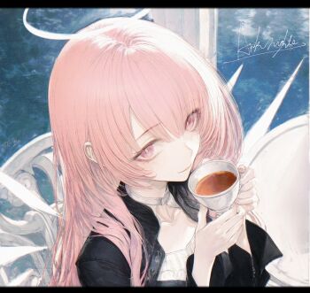 1girl absurdres arknights black_dress chair closed_mouth collarbone commentary copyright_name cup dress from_above halo highres holding holding_cup lemuen_(arknights) letterboxed light_smile long_hair long_sleeves looking_at_viewer nose pink_eyes pink_hair renoahh signature solo teacup white_halo white_wings wings
